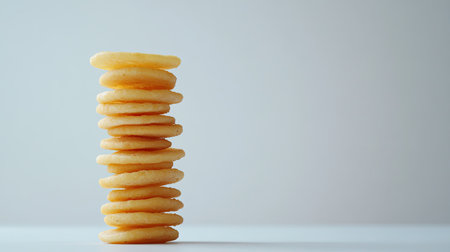 A collection of round cookies stacked in a neat tower against a soft background. The cookie's golden color and texture create an appealing visual for food lovers.の素材