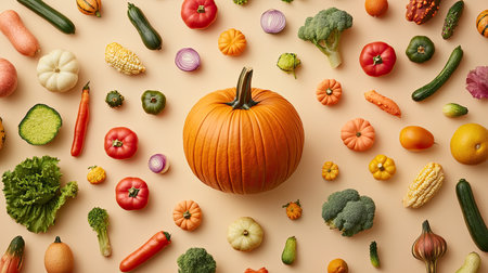A vibrant arrangement of fresh vegetables and pumpkins on a soft background, showcasing the beauty of autumn harvests and healthy eating. Perfect for food photography.の素材