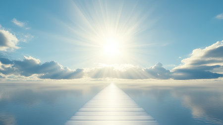 A stunning view of bright sunlight illuminating a calm ocean, with fluffy clouds scattered across the blue sky. The reflection in the water adds a serene touch to the landscape.の素材