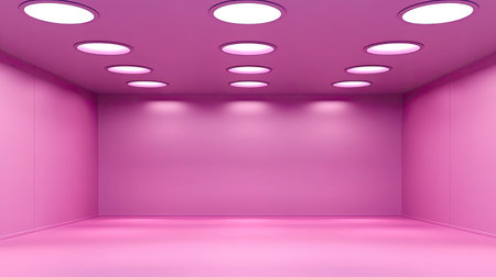 A vibrant pink room featuring circular ceiling lights that create a unique and modern aesthetic. This spacious interior offers a bright and inviting backdrop.の素材