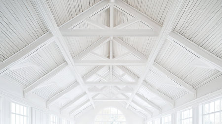 A bright and spacious interior showcasing a white wooden ceiling with exposed beams, creating a minimalist and serene atmosphere filled with natural light.の素材