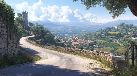 A stunning rural landscape featuring a winding road, lush green hills, and a charming village under a bright blue sky with clouds, perfect for nature lovers and travelers.の素材