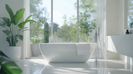 This image showcases a modern minimalist bathroom featuring a sleek tub and abundant natural light. Lush greenery enhances the serene atmosphere, perfect for relaxation.の素材