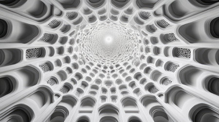 A stunning depiction of an intricate architectural dome featuring a mesmerizing lattice pattern. The interplay of light and shadow enhances the visual texture and depth. Perfect for design and architecture themes.の素材