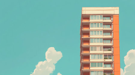 A striking modern apartment building stands against a clear blue sky dotted with fluffy clouds, showcasing contemporary architectural design and inviting urban living.の素材