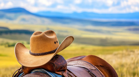 A serene view of a horse rider wearing a cowboy hat, gazing over a stunning mountain landscape. This image captures the essence of outdoor adventure and the beauty of nature.の素材