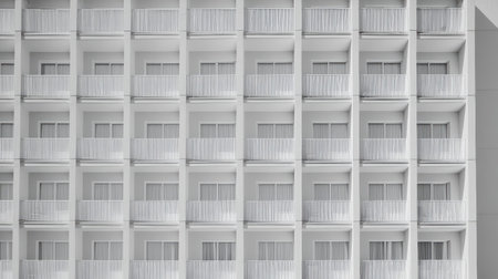 This image showcases a minimalist hotel facade, featuring a grid of balconies and windows that exhibit a clean and modern design. Ideal for architectural themes.の素材