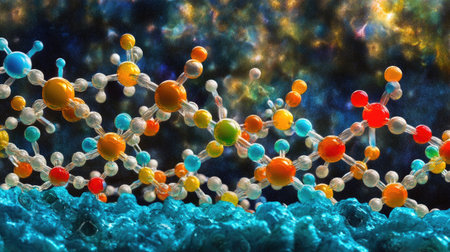 Vibrant molecular structure illustrating scientific concepts against a cosmic backdrop. Perfect for educational materials, journal covers, or scientific presentations.の素材