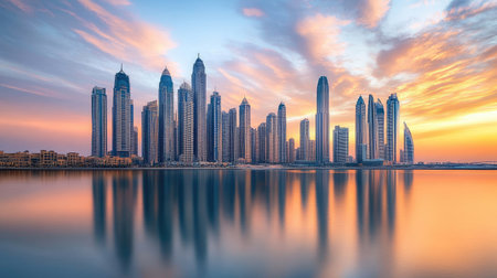Stunning view of modern skyscrapers reflected in calm water at sunset, showcasing a vibrant cityscape with dramatic clouds in a serene setting.の素材