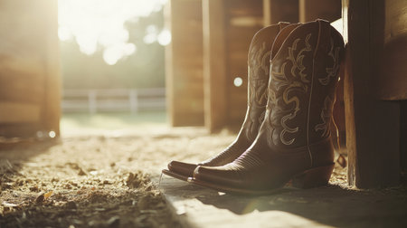 A pair of vintage leather cowboy boots rests on a rustic wooden floor in a sun-lit barn. Capturing the essence of country fashion and craftsmanship.の素材