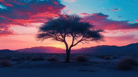 A stunning sunset casts vibrant colors over a silhouetted tree in a serene desert, creating a peaceful and atmospheric landscape perfect for nature lovers.の素材