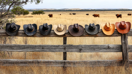 A striking arrangement of cowboy hats displayed on a rustic wooden fence, set against a vast ranch landscape with grazing cattle.の素材