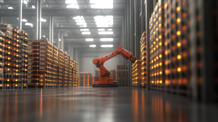 A vibrant robotic arm works efficiently in a modern warehouse, surrounded by stacked pallets. This image showcases automation and advanced technology in logistics.の素材