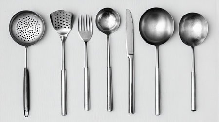 A collection of assorted stainless steel kitchen utensils arranged on a gray background. Features essential tools for cooking and serving meals. Ideal for culinary projects.の素材