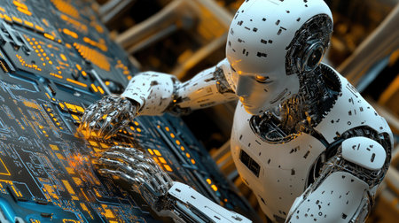 A detailed view of a futuristic robot engaged in intricate work on a glowing circuit board. This image captures the essence of advanced robotics and technology.の素材