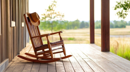 A charming rustic wooden rocking chair sits on a sunlit porch, adorned with a hat, inviting moments of relaxation in a beautiful countryside setting.の素材