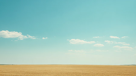 Expansive view of an open field under a bright blue sky adorned with soft clouds, perfect for capturing the essence of natureの素材