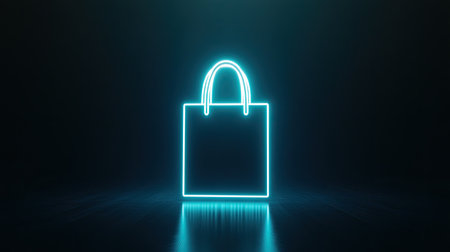 A bright neon shopping bag icon shines against a dark, atmospheric background. This modern design symbolizes retail, online shopping, and consumer culture.の素材