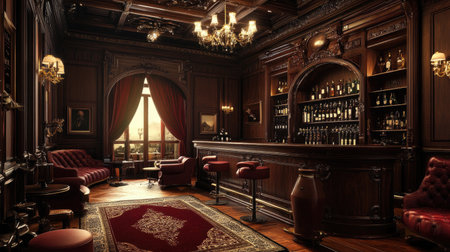 Experience the warmth and elegance of a vintage bar interior, featuring rich wooden details, cozy seating, and warm lighting that creates a relaxing atmosphere.の素材