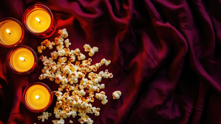 A cozy evening scene featuring glowing candles and popcorn scattered on luxurious fabric. Perfect for conveying relaxation and comfort.の素材