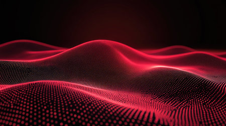 This striking image features abstract red waves created from numerous dots on a dark background, evoking a sense of modern technology and elegance. Perfect for digital design projects.の素材