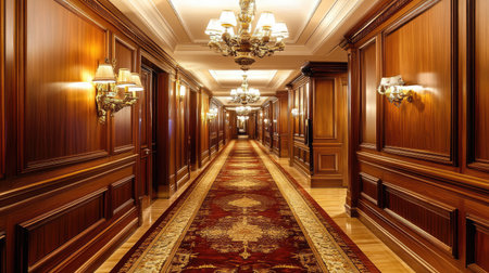 A stunning view of a hotel corridor featuring rich wood paneling, elegant chandeliers, and a plush carpet, creating a warm and inviting atmosphere.の素材