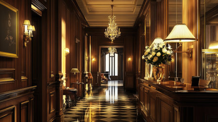 Discover the elegance of a luxurious hotel lobby featuring exquisite decor, stunning chandeliers, and beautiful flower arrangements creating a warm atmosphere.の素材