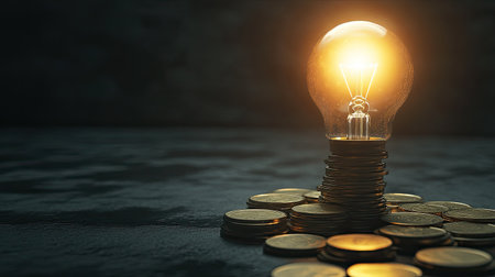 A captivating image of a glowing lightbulb atop a pile of coins symbolizes innovation and wealth. The dark surface enhances the bright illumination, representing ideas and prosperity.の素材