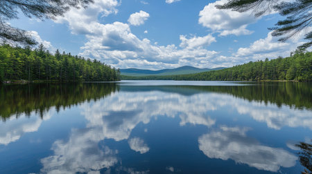 A serene lake view featuring calm water mirroring fluffy clouds and green trees under a bright blue sky, perfect for nature lovers and outdoor enthusiasts.の素材