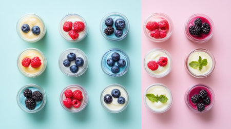 A vibrant arrangement of assorted dessert cups featuring fresh berries. Ideal for showcasing flavor, color, and creativity in food photography.の素材