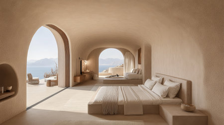 A stunning minimalist bedroom featuring soft tones and an inviting atmosphere. Golden light filters through arches, revealing breathtaking ocean views, perfect for relaxation.の素材