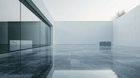 A serene and spacious modern interior featuring smooth glass walls and polished marble flooring. The minimalist design evokes elegance and tranquility.の素材