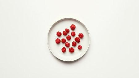 A beautiful arrangement of fresh red raspberries elegantly placed on a white plate. This minimalist composition highlights the vibrant colors and textures of the fruit, perfect for culinary or health-related themes.の素材