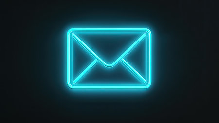 A striking glowing neon mail icon in vibrant blue against a dark backdrop. Ideal for themes of communication, technology, and modern design elements.の素材