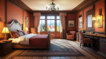 This image features a cozy hotel room boasting elegant decor. Sunlight fills the space, highlighting the rich wooden details and stunning mountain view.の素材