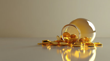 A glass jar tipped over, spilling shiny golden coins onto a smooth surface. The scene captures the essence of wealth and luxury with elegant reflections and a minimalist design.の素材