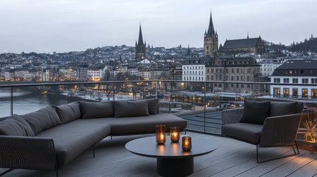 A stylish lounge area with modern furniture overlooks a beautiful cityscape at dusk. Cozy seating and candles create a serene atmosphere for relaxation.の素材