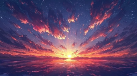 Experience a breathtaking sunset over the ocean, showcasing vibrant colors and dramatic clouds. This scene captures the essence of tranquility and beauty in nature.の素材