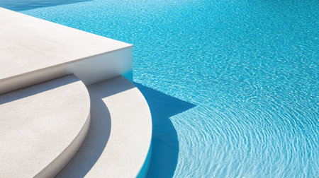 A serene view of a modern swimming pool featuring crystal-clear water and stylish stone steps. The design emphasizes relaxation and tranquility in an outdoor setting.の素材