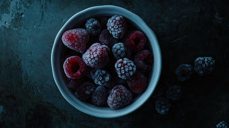 A bowl filled with frosted berries exudes freshness, perfect for a healthy dessert or snack. The contrast between the white bowl and dark surface enhances its visual appeal.の素材