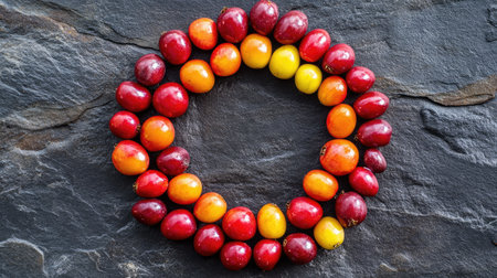 A vibrant arrangement of fresh berries in shades of red and yellow creates a striking circular pattern on a dark stone background, showcasing nature's beauty.の素材