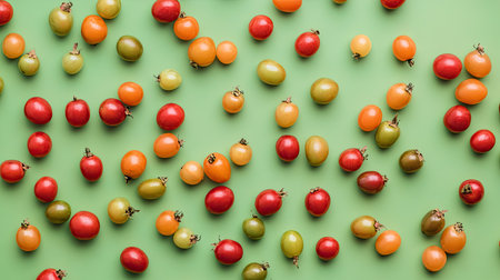 A vibrant flat lay of assorted fresh tomatoes in various colors on a bright green surface, showcasing their natural beauty and freshness. Perfect for food-related projects.の素材