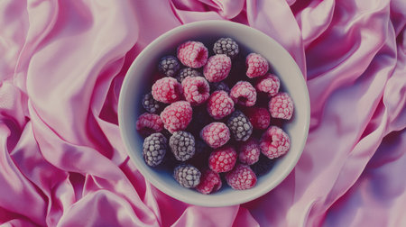 A captivating arrangement of fresh frozen raspberries in a white bowl placed on a soft pink silk fabric. The vibrant colors and textures create an inviting visual perfect for food photography.の素材