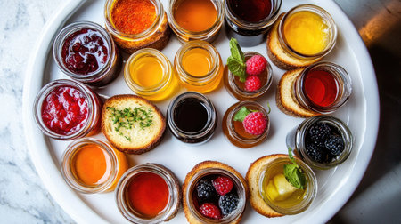 A vibrant dessert platter featuring an assortment of jars filled with colorful sauces and sweet treats, accompanied by fresh berries and delightful flavors, ideal for events.の素材