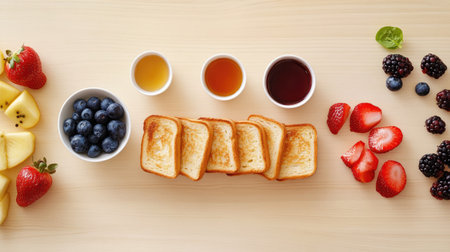 A vibrant flat lay of fresh fruits, toast slices, and assorted dipping sauces arranged on a wooden table, perfect for a healthy breakfast or brunch.の素材