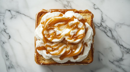 A delectable toasted bread slice topped with fluffy cream and rich caramel sauce, creating a mouthwatering dessert perfect for any sweet lover.の素材