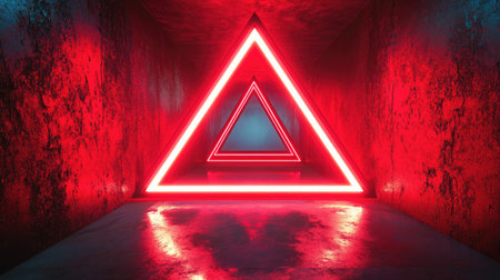 A striking visual of neon triangles illuminating a dark tunnel, creating a dramatic contrast. The reflections enhance the futuristic atmosphere, inviting creativity.の素材