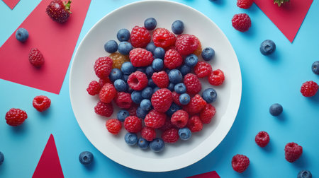 A vibrant display of fresh raspberries and blueberries arranged on a white plate, set against a bright blue background. Ideal for health-conscious themes.の素材