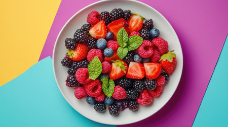A vibrant assortment of fresh berries including strawberries, raspberries, blackberries, and blueberries garnished with mint, ideal for healthy eating or summer desserts.の素材