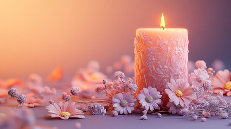 A serene scene featuring a pink floral candle surrounded by delicate flowers. The soft light creates a calming ambiance perfect for relaxation or decor.の素材